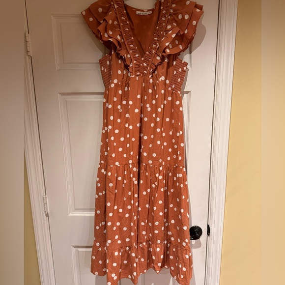 Roller Rabbit Dresses & Skirts - Roller Rabbit Dress, ruffles, brown, size medium, midi, white polka dots, NEW